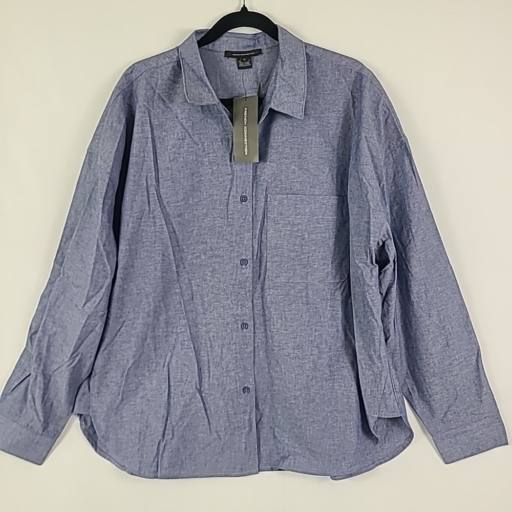 New French Connection Women's Chambray Button-Down Long Sleeve Shirt Blue Sz Xl